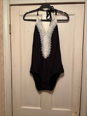 Black One-Piece Halter Swimsuit with Cream Lace V-Front
